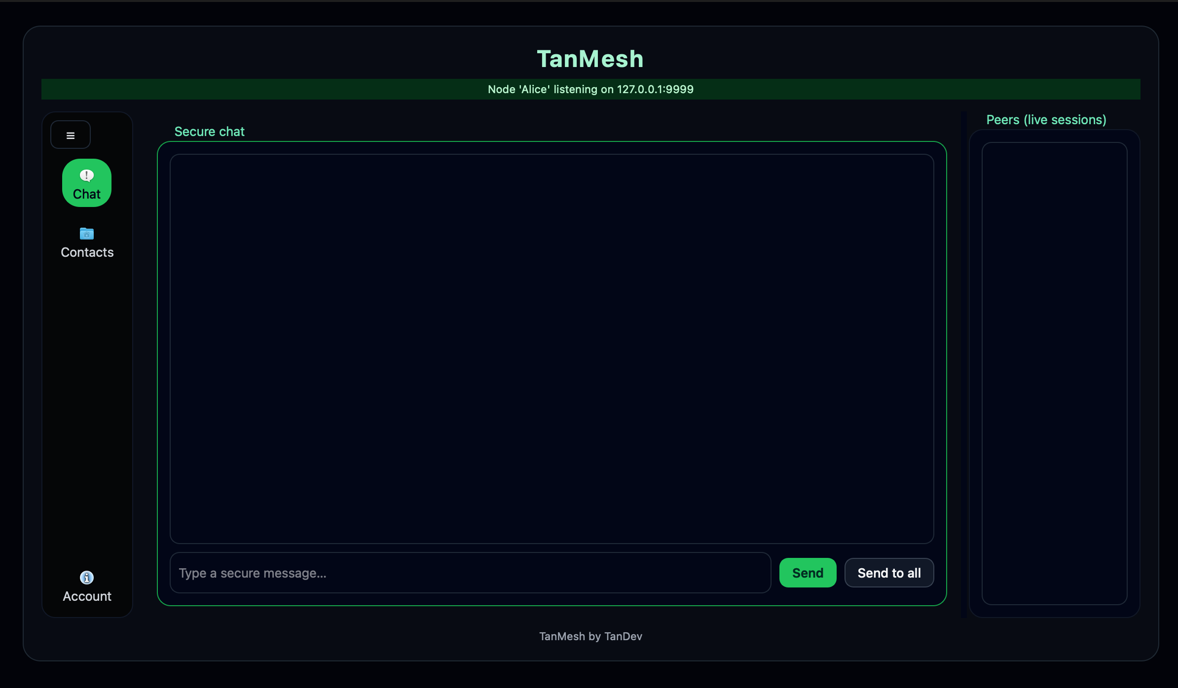 TanMesh secure chat window with peers panel